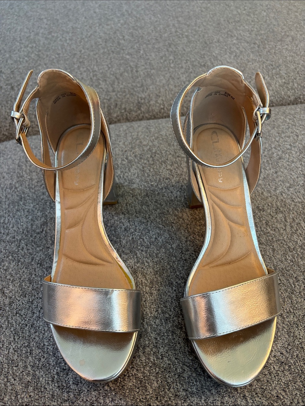 Metallic Silver Ankle-Strap Block Heel Size 8
